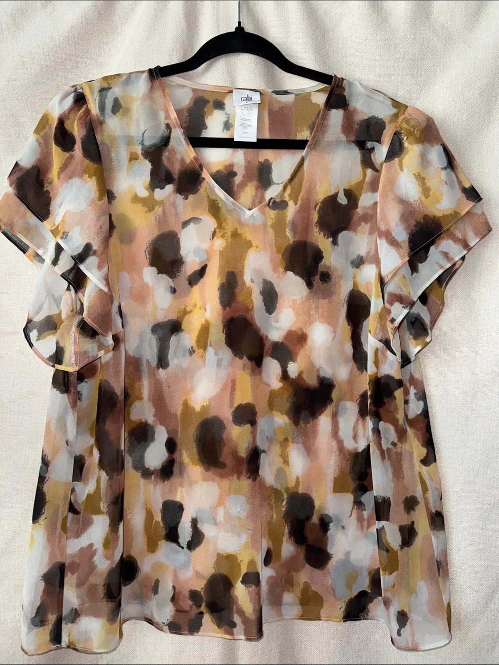 CAbi Sheer Watercolor Flutter Sleeve Blouse - Mustard, Brown, Blush sz L #4344